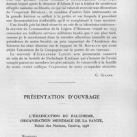 0013 - Page 7 - Séances des 14 janvier et 11 février 1959. Nécrologie. Alexandre Lafont. [G. Girard.]. / Présentation d'ouvrage. L'éradication du paludisme. Organisation mondiale de la santé, palais des nations, Genève, 1958