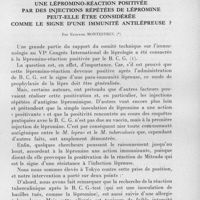0017 - Page 11 - Séances des 14 janvier et 11 février 1959. Communications. Une lépromino-réaction positivée par des injections répétées de lépromine peut-elle être considérée comme le signe d'une immunité antilépreuse ? Par Etienne Montestruc