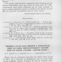 0021 - Page 15 - Séances des 14 janvier et 11 février 1959. Communications. Réaction de la souris blanche splénectomisée à la peste expérimentale et à l'immunisation par le virus-vaccin ev, par Georges Girard avec la collaboration technique d'André Chevalier. [Institut Pasteur (Service de la peste).]. / Premier cas de rage observé à Madagascar chez un chien préventivement vacciné avec le vaccin avianise « Souche flury », par P. Sureau, Y. Lemaitre et J. C. Rakotomanga