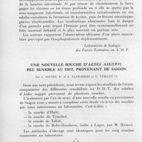 0044 - Page 34 - Séances des 14 janvier et 11 février 1959. Communications. Abcès musculaire par oesophagostomum (Dakar), par R. J. Baylet et R. J. Paillet. (Laboratoire de biologie des forces terrestres en A. O. F.). / Une nouvelle souche d'Aedes aegypti peu sensible au DDT, provenant de Saïgon, par J. Sautet, R. et J. Aldighieri et F. Vuillet