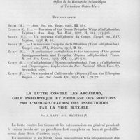 0049 - Page 39 - Séances des 14 janvier et 11 février 1959. Communications. Un nouveau calliphoridae de la région éthiopienne (Diptera, Cyclorhapha) : Tricyclea voltae n. sp. Par A. Rickenbach. (Laboratoire d'entomologie du Service de la lutte contre les grandes endémies. Office de la Recherche scientifique et technique Outre-Mer.). / La lutte contre les argasides, gale psoroptique et phtiriase des moutons par l'administration des insecticides par la voie buccale, par A. Rafyi et G. Maghmai