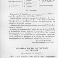 0080 - Page 64 - Séances des 14 janvier et 11 février 1959. Mémoires. Champignons du genre candida à Dakar, par R. J. Baylet. (Laboratoire de biologie des Forces Terrestres en A. O. F.). / Réflexions sur les leptospiroses au Viet-Nam, par H. Besseige et L. Chambon