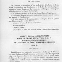0131 - Page 114 - Séances des 14 janvier et 11 février 1959. Mémoires. Aspects de la malnutrition chez le grand enfant en A. O. F. données de la ponction-biopsie hépatique. (Suite I). Par A. Raoult. Résultats d'ensemble des examens histologiques du foie. / En conclusion. / Aspects de la malnutrition chez le grand enfant en A. O. F. (données biochimiques). Protéinémie et électrophorèse sérique. (Suite II). Par A. Raoult