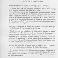 0143 - Page 126 - Société médicale de L'A. O. F. Séance du 12 janvier 1959. Réflexions tirées d'un voyage en Amérique, par J. Sénécal. / Note sur le paludisme de l'Européen observé à l'Hôpital principal de Dakar, par J. Delahousse et M. Mullet. / Note sur les monocytes en trèfles, par R. Baylet et J. Linhard, avec la collaboration technique de Mme Malvoisin. / Vaccination B. C. G. par voie buccale à la dose de deux fois 200 mg., par J. Sénécal et P. Couturier