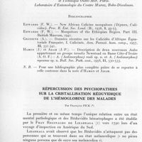 0177 - Page 154 - Séances des 11 mars et 8 avril 1959. Communications. Description de deux nouveaux aedes de Côte-d'Ivoire appartenant au sous-genre Aedimorphus : A. ovazzai sp. n. et A. rickenbachi sp. n. Par Hamon et J. P. Adam. (Office de la recherche scientifique et technique Outre-Mer, Paris. Laboratoire d'entomologie du Centre Muraz, Bobo-Dioulasso.). / Répercussion des psychopathies sur la cristallisation réduvidique de l'hémoglobine des maladies, par François Pick