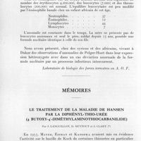 0183 - Page 160 - Séances des 11 mars et 8 avril 1959. Communications. Anomalies de pelger-huet hétérozygotes à Dakar, par R. J. Baylet et R. J. Paillet. (Laboratoire de biologie des forces terrestres en A. O. F.). / Mémoires. Le traitement de la maladie de hansen par la diphényl-thio-urée (4 butoxy-4'-diméthylaminothiocarbanilide), par J. Languillon, D. Beytout et J. Clary
