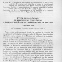 0220 - Page 193 - Séances des 11 mars et 8 avril 1959. Mémoires. Immobilisation des miracidiums de Schistosoma mansoni par des extraits de planorbes, par Jacqueline Bénex et Louis Lamy. (Institut Pasteur, Service de parasitologie.). / Étude de la réaction de fixation du complément à divers antigènes de cestodes chez le mouton. Deuxième note. Par Louis Lamy, Jacqueline Bénex et Jean Gledel