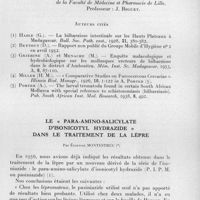 0324 - Page 283 - Séances des 13 mai et 10 juin 1959. Communications. Rôle d'hote intermédiaire de Biomphalaria Madagascariensis (Smith, 1882) dans le cycle de Schistosoma mansoni Sambon, 1907 à Madagascar. Démonstration dans le foyer d'Ambositra, par E. R. Brygoo et A. Capron. (Institut Pasteur de Madagascar. Directeur : J. Courdurier. Laboratoire de parasitologie de la Faculté de médecine et pharmacie de Lille. Professeur : J. Biguet.). / Le « para-amino-salicylate d'isonicotyl hydrazide » dans le traitement de la lèpre, par Étienne Montestruc