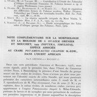0416 - Page 373 - Séances des 13 mai et 10 juin 1959. Mémoires. Contribution à l'étude des tabanides d'Afrique Occidentale Française. III. Tabanides de Guinée, par M. Ovazza, J.-P. Adam et H. Bailly-Choumara. / Note complémentaire sur la morphologie et la biologie de S. ovazzae grenier et mouchet, 1959 (Diptera, Simuliidae), espèce associée au crabe Potamonautes chaperi M.-Edw., dans l'Ouest Africain, par P. Grenier et J. Mouchet