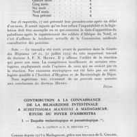 0562 - Page 503 - Séance du 8 juillet 1959. Mémoires. Considérations sur le paludisme des rapatriés, par G. Piganiol et Couche. / Contribution à la connaissance de la bilharziose intestinale à Schistosoma mansoni à Madagascar. Étude du foyer d'Ambositra. I. - Enquête malacologique et parasitologique. Par A. Capron et E. R. Brygoo