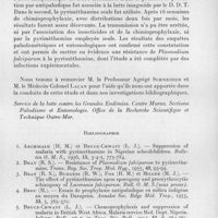 0594 - Page 533 - Séance du 8 juillet 1959. Mémoires. Résultats d'une expérimentation de chimioprophylaxie par la pyriméthamine dans la zone pilote de lutte antipaludique de bobo-dioulasso, par J. Ricossé, H. Bailly-Choumara, J.-P. Adam et J. Hamon. Résumé. (Service de la lutte contre les grandes endémies. Centre Muraz. Sections paludisme et entomologie. Office de la recherche scientifique et technique Outre-Mer.). / Bibliographie