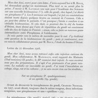 0622 - Page 555 - Séance du 14 octobre 1959. A propos du cinquantenaire des recherches de Charles Nicolle sur la splénomégalie infantile du bassin méditerranéen (ou Kala-Azar infantile), le bouton d'orient, la toxoplasmose du gondi et le typhus exanthématique. (Extraits de la correspondance de Ch. Nicolle avec Félix Mesnil). Par Jacques Colas-Belcour et Pierre Nicolle. Création du genre toxoplasma. / Sur un piroplasme (P. quadrigeminum) et un spirille (Sp. gondii)