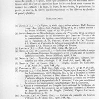 0625 - Page 558 - Séance du 14 octobre 1959. A propos du cinquantenaire des recherches de Charles Nicolle sur la splénomégalie infantile du bassin méditerranéen (ou Kala-Azar infantile), le bouton d'orient, la toxoplasmose du gondi et le typhus exanthématique. (Extraits de la correspondance de Ch. Nicolle avec Félix Mesnil). Par Jacques Colas-Belcour et Pierre Nicolle. Découverte du rôle du pou dans la transmission du typhus exanthématique. / Bibliographie