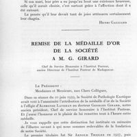 0780 - Page 706 - Séances des 18 novembre et 9 décembre 1959. Nécrologie. Le Médecin-Général Inspecteur Alfred Lecomte. [Henri Galliard]. / Remise de la médaille d'or de la société à M. G. Girard.