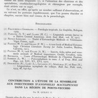 0811 - Page 733 - Séances des 18 novembre et 9 décembre 1959. Communications. Sur un cas de linguatulose humaine au Maroc, par Y. Le Corroller et J. L. Pierre. / Contribution à l'étude de la sensibilité aux insecticides d'Anophèles maculipennis dans la région de Porto-Vecchio, par M. Quilici