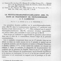 0847 - Page 769 - Séances des 18 novembre et 9 décembre 1959. Mémoires. A propos de la psittacose en Afrique Centrale, par Paul Le Gac, Paul Giroud, Alain Hénaff et Nicole Dumas. (Service des Rickettsioses de l'Institut Pasteur de Paris.). / Le pentylthiarsaphénylmélamine (Mel W) dans le traitement de trypanosomiase à T. gambiense, par R. T. de Jongh et E. A. H. Friedheim