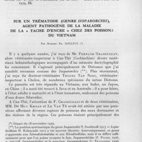 0871 - Page 791 - Séances des 18 novembre et 9 décembre 1959. Mémoires. L'effet du pentylthiarsaphénylmélamine (Mel W) sur W. Bancrofti, par Ernst A. H. Friedheim et R. T. de Jongh. / Sur un trématode (genre Isoparorchis), agent pathogène de la maladie de la « tache d'encre » chez des poissons du Vietnam, par Robert Ph. Dollfus