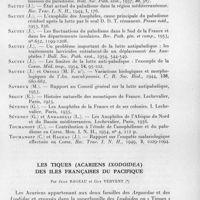 0900 - Page 819 - Séances des 18 novembre et 9 décembre 1959. Mémoires. Anophélisme et indice splénique dans le site de Porto-Vecchio (Corse) durant l'été 1959. Étude comparative avec les données antérieurement connues, par J. Ranque, J.-A. Rioux, M. Quilici, Ph. Ranque et R.-M. Nicoli. / Les tiques (Acariens ixodoidea) des îles Française du pacifique, par Jean Rageau et Guy Vervent