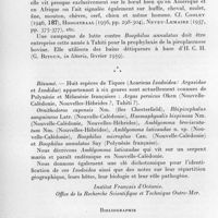 0913 - Page 832 - Séances des 18 novembre et 9 décembre 1959. Mémoires. Les tiques (Acariens ixodoidea) des îles Française du pacifique, par Jean Rageau et Guy Vervent. Ixodidae. (Institut Français d'Océanie. Office de la recherche scientifique et technique Outre-Mer.). / Bibliographie