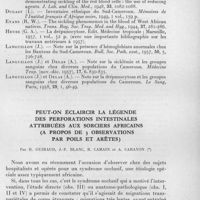 0924 - Page 843 - Séances des 18 novembre et 9 décembre 1959. Mémoires. La drépanocytose en pays Bamiléké (Caméroun). Étude statistique. Par René Becquet, Thérèse Gasteau et Claude Happi. / Peut-on éclaircir la légende des perforations intestinales attribuées aux sorciers Africains. (A propos de 3 observations par poils et arêtes), par R. Guiraud, J.-F. Blanc, R. Camain et A. Carayon