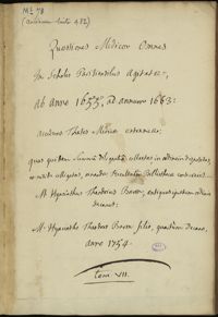 0001 - Page sans numérotation - [Page de titre] Quaestiones Medicae Omnes In Scholis Parisiensibus Agitatae, ab anno 1655, ad annum 1663
