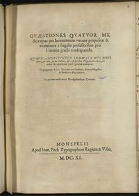 0001 - Page sans numérotation - Quaestiones Quatuor Medicae quas per Intentionem vocant propositae & examinatae à singulis professoribus pro Licentiae gradu consequendo