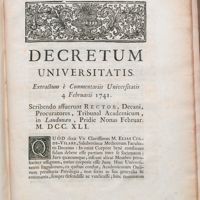 0001 - Page sans numérotation - Decretum Universitatis. Extractum è Commentariis Universitatis 4 Februarii 1741.