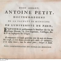 0001 - Page sans numérotation - Antoine Petit […] Exposera publiquement la structure des Os du Corps Humain, de leurs Ligamens, Cartilages, &c. & il en expliquera les Usages.