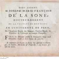 0001 - Page sans numérotation - M. Joseph-Marie-François De La Sone […] Fera un Discours public le Dimanche vingt-neuf Décembre 1748, à trois heures de relevée.