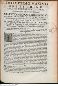 0001 - Page [1] - An impeditis lacrimarum viis, parari debeat lacrimis artificiale iter, in cavum quod juxta majorem oculi canthum, inter superficiem internam palpebrae, & oculi globum deprehenditur.