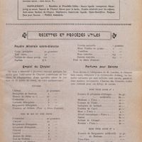 0323 - Page 167 - [Page de titre] Sommaire du n° précédent / Recettes et procédés utiles. Poudre minérale extra-blanche / Emploi du chrysol / Parfums pour savons