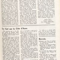 0042 - Page 29 - Sur l'utilité d'un institut des plantes à parfum dans la région de grasse [Antonin Rolet] / Le gel sur la côte d'Azur / Brevets. Stilligouttes pour flacon de parfumerie, Valsecchi et Armengaud. Brevet franç. 512. 793 / Appareil pour l'extraction des parfums. Hugues. Br. fr. 508. 085. - Perfectionnements dans les cosmétiques. Meda Vay Baumgart. Brevet fr. 508. 154 / Eau de beauté pour adoucir la peau et enlever les rides. Maignier. Br. fr. 509. 313 / Produit pour polir les ongles et les dents. Fréjacques. Br. fr. 508. 067 / Procédés de préparation de formiates. Koepp. Br. fr. 506. 656 / Fabrication de l'acétaldéhyde au moyen de l'acétylène. Farbwerke vorm. Meister lucius et Bruning. Br. fr. 506. 659