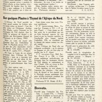 0092 - Page 79 - Variations sur les parfums et l'odorat. Les parfums distingués et sans odeur [E. G.] / Sur quelques plantes à Thymol de l'Afrique du Nord [Dr R. Maire] / Brevets. Procédé pour l'extraction des parfums. - Lautier fils. - Premier certificat d'addition au brevet pris le 27 sept. 1917, n° 493.018, c. 21.711 / Pâte ou poudre solide et insoluble utilisable en particulier comme pâte ou poudre de toilette adhérente blanche ou colorée. - J. Fracheboug dit Frachebourg, France. - Br. fr. n° 504.050. Dem. le 13 septembre 1919. Dél. le 31 mars 1920 / Procédé pour la préparation des aldéhydes. - Froger-Delapierre. - Br. fr. 510.694 / Procédé pour la récupération du camphre et de la naphtaline dans les mélanges gazeux. - Bregeat. - Br. Fr. 512.031 / Dentifrice. - W. F. Spies et H. D. Pease, États-Unis. - A. P. n° 9.566. Dem. le 19 décembre 1918 / Procédé pour fixer les parfums dans des véhicules solides ou liquides. - O. Braemer, Allemagne. - D. R. P. n° 314.829. Dem. le 27 avril 1915