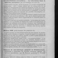 0107 - Page 81 - Bibliographie. Les consultations journalières. - Le laboratoire dans la médecine journalière, par le Dr Philippe Navarre / Medicus 1926, guide-annuaire des praticiens / Eléments de microbiologie générale et d'immunologie, morphologie et physiologie des microbes, pathologie générale des infections microbiennes, par M. Nicolle... Deuxième édition, revue et augmentée, par A. Boquet...