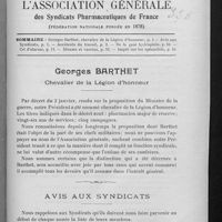 0003 - Page 1 - Sommaire / Georges Barthet, Chevalier de la Légion d'honneur / Avis aux Syndicats