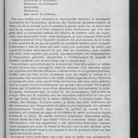 0401 - Page 407 - Cinquantenaire de l'Association générale. Compte rendu du banquet officiel, du mercredi 11 juillet, organisé avec le concours de la Chambre syndicale des pharmaciens de la Seine, dans les salons du quai d'Orsay. Discours de M. Guénot...