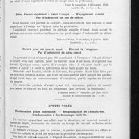 0111 - Page 103 - Pages de jurisprudence prud'homale. Délai d'essai. Préavis de huit jours convenu. Contrat valable. - Renvoi : huit jours d'indemnité et non un mois / Délai d'essai supérieur à celui d'usage. - Engagement valable. Pas d'indemnité en cas de renvoi / Accord pour un nouvel essai. - Renvoi de l'employé. Pas d'indemnité de délai-congé / Effets volés. Réclamation d'une indemnité. - Responsabilité de l'employeur. Condamnation à des dommages-intérêts