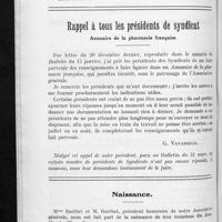 0316 - Page 296 - Sommaire / Rappel à tous les présidents de Syndicat. Annuaire de la pharmacie française / Naissance
