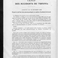 0191 - Page 104 - Tarif des accidents du travail. Arrêté du 13 février 1933 fixant le tarif des frais pharmaceutiques en matière d'accidents du travail