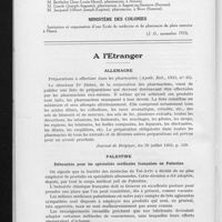 1121 - Page 702 - Informations. Ministère de la santé publique. Médailles d'honneur de l'assistance publique / Ministère des colonies / A l'étranger. Allemagne / Palestine. Débouchés pour les spécialités médicales françaises en Palestine