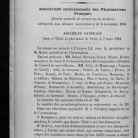 0110 - Page 638 - Projet de création d'une caisse de retraites basée sur la réglementation du prix de vente de la spécialité / Association confraternelle des pharmaciens français (Société mutuelle de secours en cas de décès). Approuvée par décision ministérielle du 6 novembre 1900 / Assemblée générale tenue à l'École de pharmacie de Paris, le 7 mars 1901