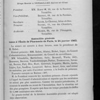 0031 - Page 29 - Association confraternelle des pharmaciens français. Société mutuelle de secours en cas décès. Approuvée par décision ministérielle du 28 mai 1902 / Assemblée générale tenue à l'École de pharmacie de Paris, le 24 janvier 1903. Secours exceptionnel donné à la veuve d'un sociétaire