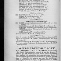 0098 - Page 98 - Conseil d'administration pour l'année 1908-1909 / Avis important aux membres de la Chambre syndicale