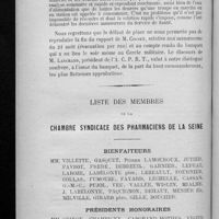 0318 - Page 318 - Association corporative des pharmaciens de réserve et de territoriale. (A. C. P. R. T.). Exercices spéciaux du service de santé du gouvernement militaire de Paris en 1908. Rapport de M. le pharmacien-major de 2e classe Rothéa / Liste des membres de la Chambre syndicale des pharmaciens de la Seine