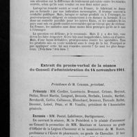 0424 - Page 418 - La loi sur les fraudes et les remèdes secrets / Extrait du procès-verbal de la séance du Conseil d'administration du 14 novembre 1911
