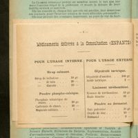 0012 - Page 6 - Formules de l'Hôpital Saint-Louis. Médicaments délivrés à la consultation (enfants). Pour l'usage interne. Sirop calmant / Poudre phospho-calcique / Pour l'usage externe. Glycérolé tartrique / Liniment térébenthiné / Poudre au dermatol