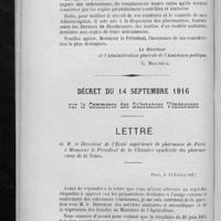 0080 - Page 62 - Lettre de M. le Directeur de l'Administration générale de l'Assistance publique à Paris, à M. le Président de la Chambre syndicale des pharmaciens de la Seine / Décret du 14 septembre 1916 sur le commerce des substances vénéneuses. Lettre de M. le Directeur de l'Ecole supérieure de pharmacie de Paris, à Monsieur le Président de la Chambre syndicale des pharmaciens de la Seine