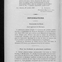 0325 - Page 302 - A Guynemer / Informations. Université de Paris école supérieure de pharmacie / Pour les étudiants en pharmacie mobilisés