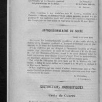 0098 - Page 86 - Caisse spéciale entre pharmaciens contre les risques de guerre. Règlement de sinistres du 15 mars au 1er mai 1918 / Approvisionnement du sucre / Distinctions honorifiques. Croix de guerre
