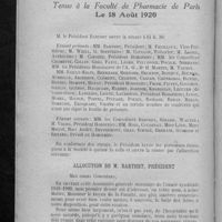 0316 - Page 300 - Compte-rendu de l'Assemblée générale de la Chambre syndicale, tenue à la Faculté de pharmacie de Paris le 18 août 1920. Allocution de M. Barthet